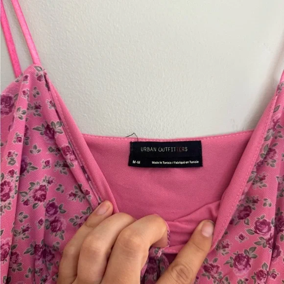 Urban Outfitters Pink Floral Ruched Mini Cami Dress Y2K Coquette 90s M Euro - Picture 3 of 6